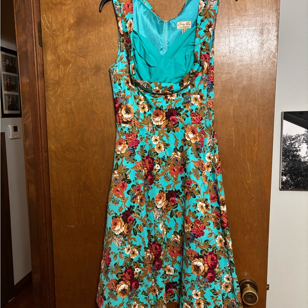 Lindy Bop Turquoise Floral Midi Dress & Petticoat